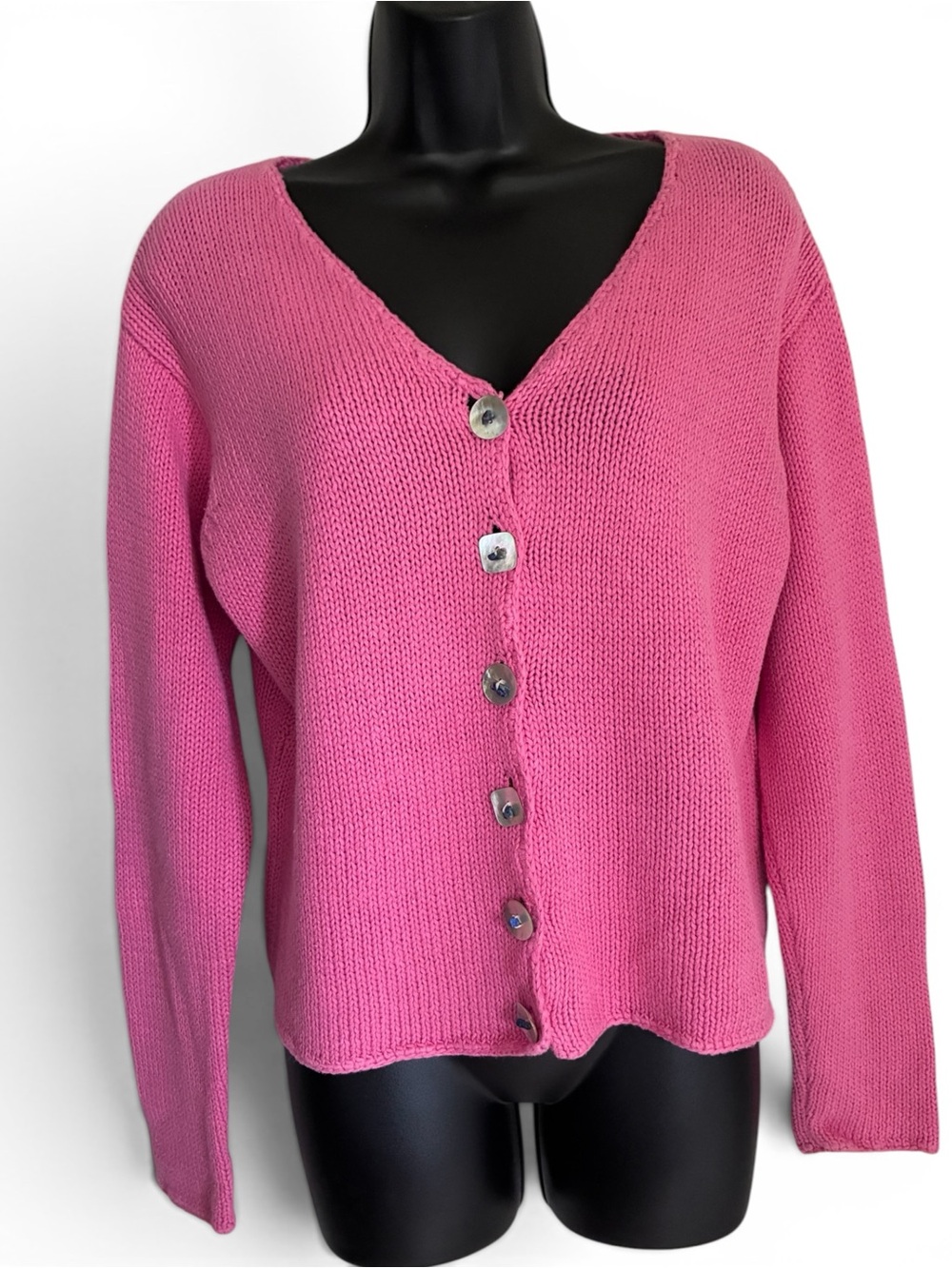 Vintage 90s Coquette Boho Barbie Pink V-Neck Button Chunky Cardigan Sweater Sz M